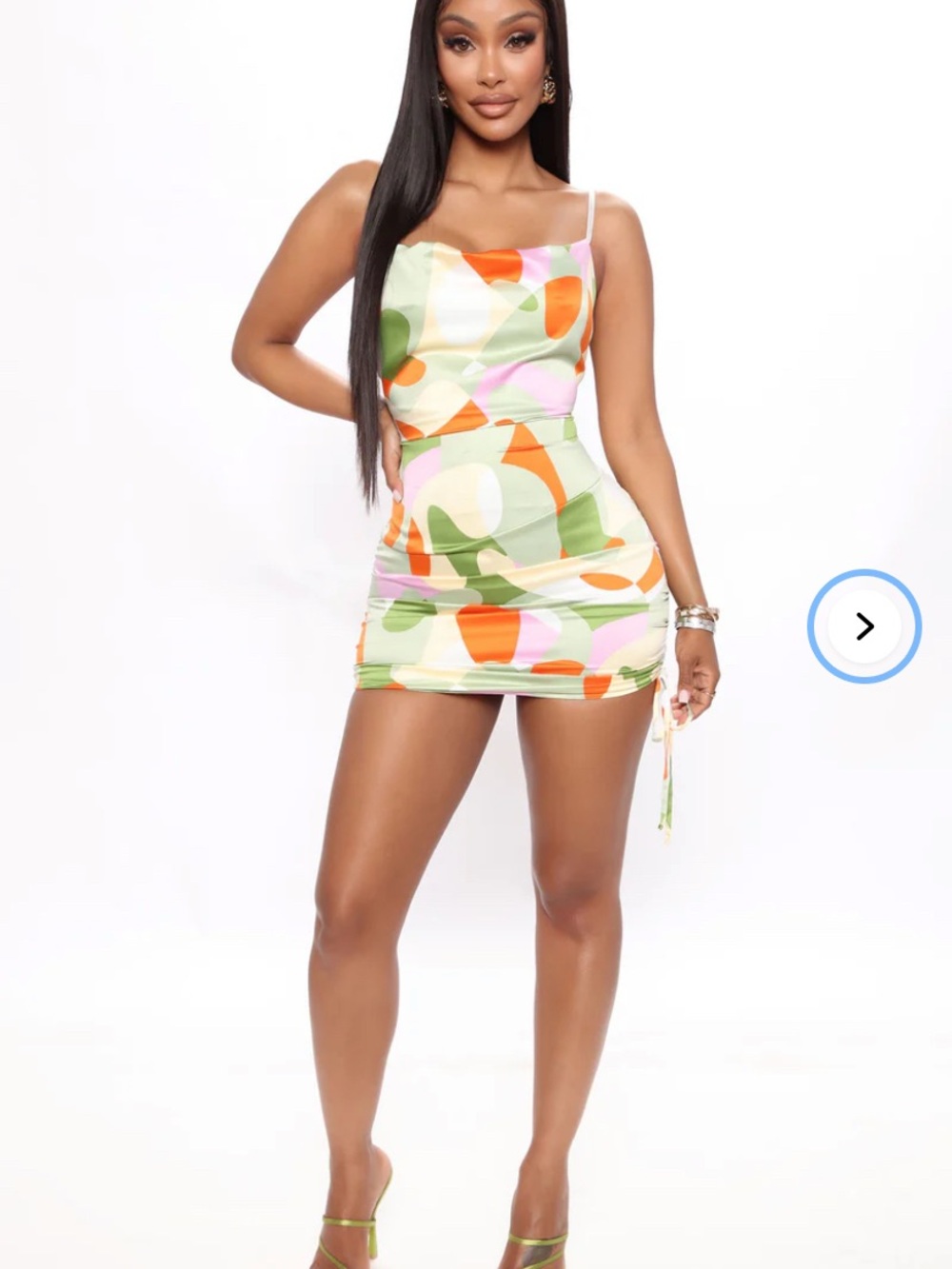 Fashion Nova Abstract Cowl Mini Dress in Green, Orange & Pink